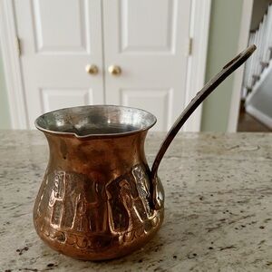 Engraved Copper Turkish Coffee Pot with Handle Tin Lining Cezve King Design